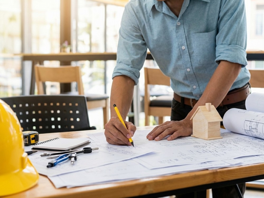 Builder marking up house plans at a work table with a tape measure and a small wooden house model